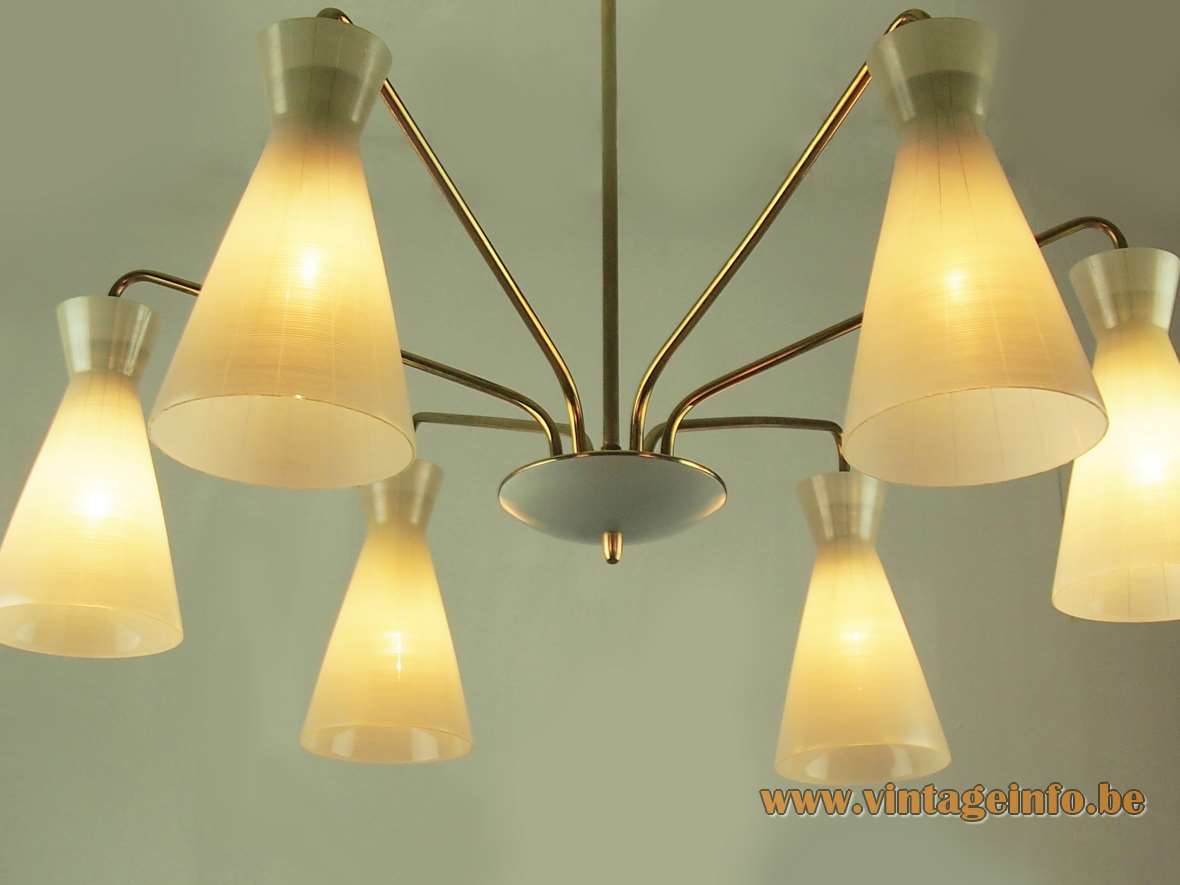 1950s diabolo chandelier 6 light yellow striped glass lampshades brass curved rods Rupert Nikoll Austria 1960s 