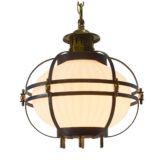 1950s ribbed glass pendant lamp round opal globe black metal cage brass screws chain 1960s Massive