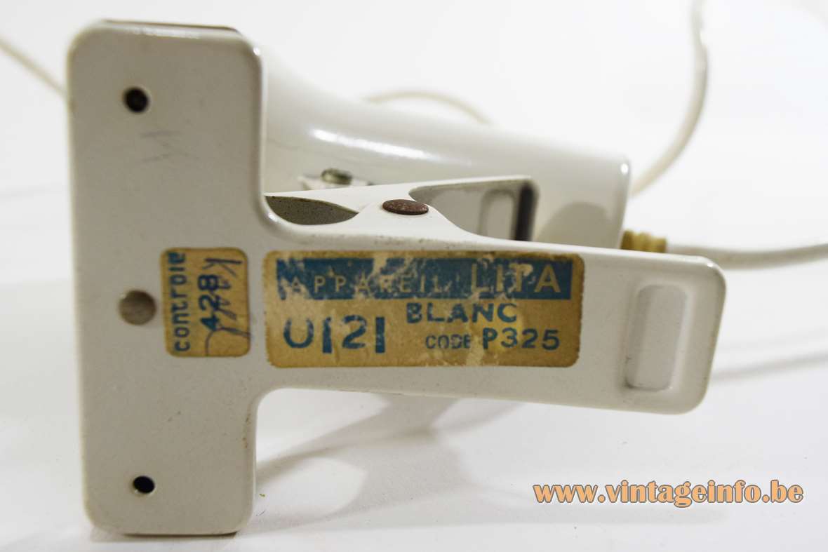 1970s Lita clamp spotlight white metal tube P325 PAR38 France spot lamp Mid-Century Modern MCM label