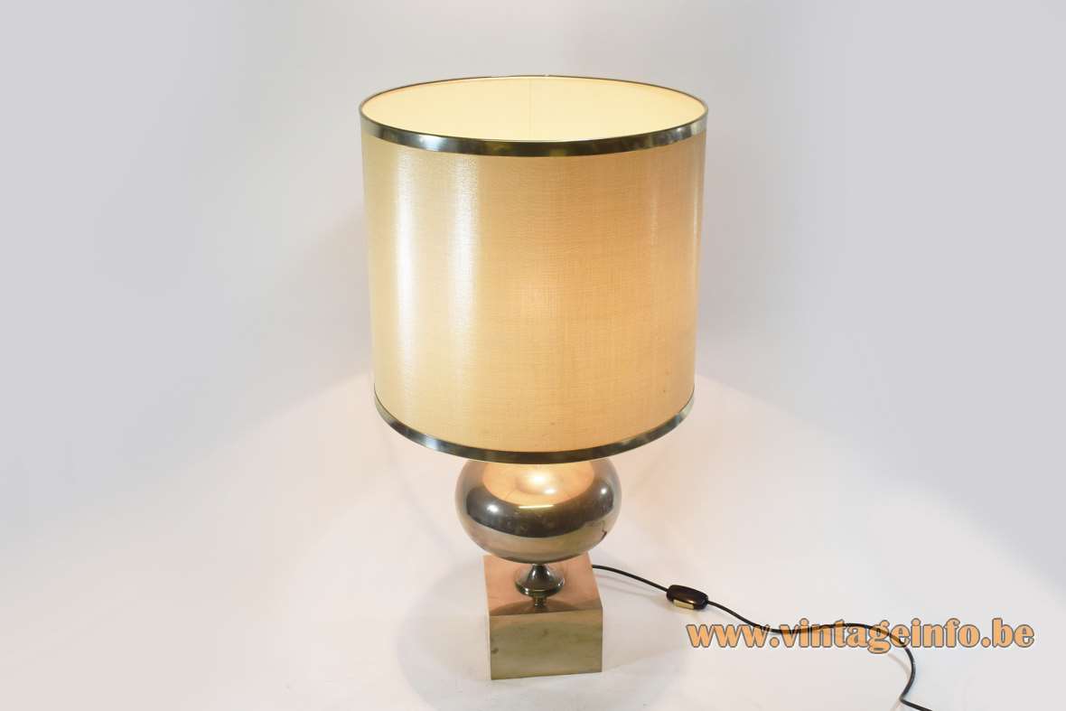 1970s Philippe Barbier table lamp nickel-plated metal globe square base fabric lampshade metal rims France