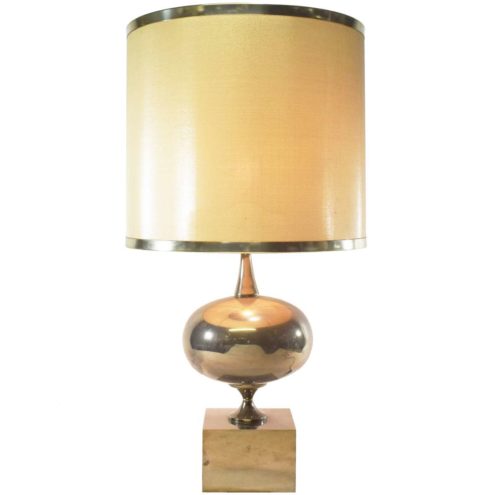 1970s Philippe Barbier table lamp nickel-plated metal globe square base fabric lampshade metal rims France