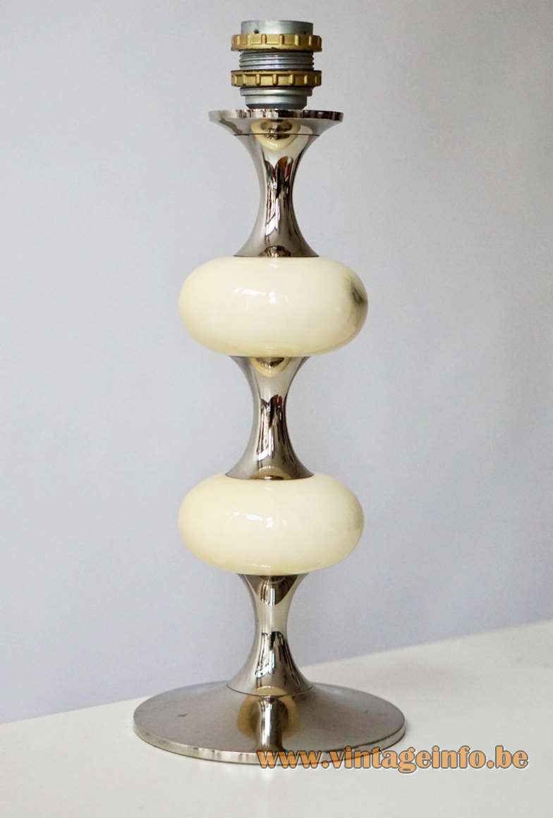 1970s white onyx table lamp 2 oval globes chrome base conical fabric lampshade Massive Belgium