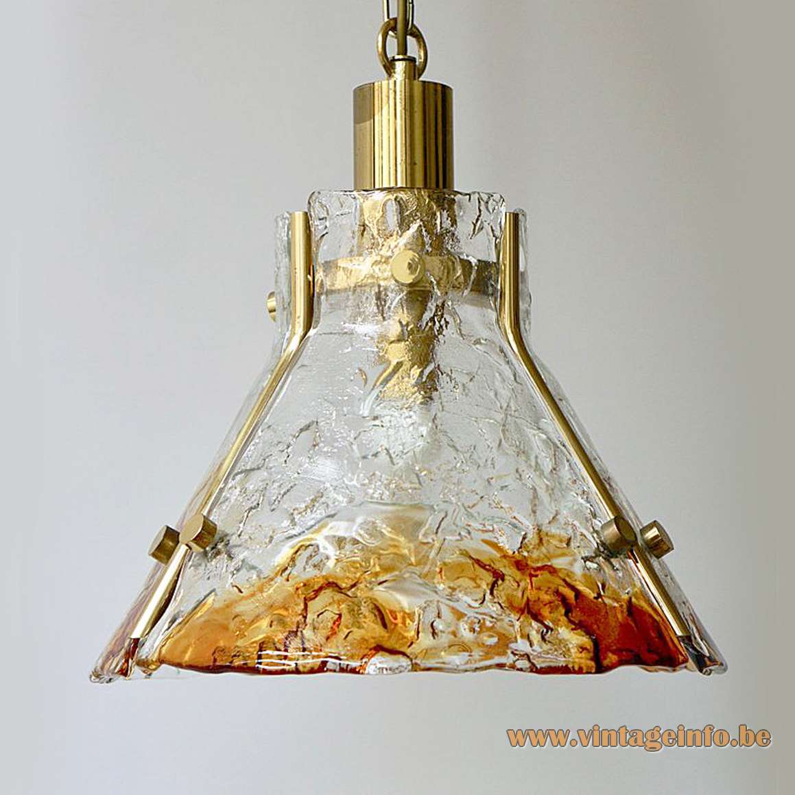 AV Mazzega amber glass pendant lamp design: Carlo Nason 3 conical Murano glass parts brass 1970s