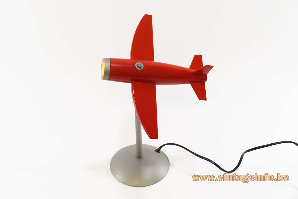 Airplane table lamp silver and red painted metal gooseneck 1990s 2000s children room kids halogen bulb 