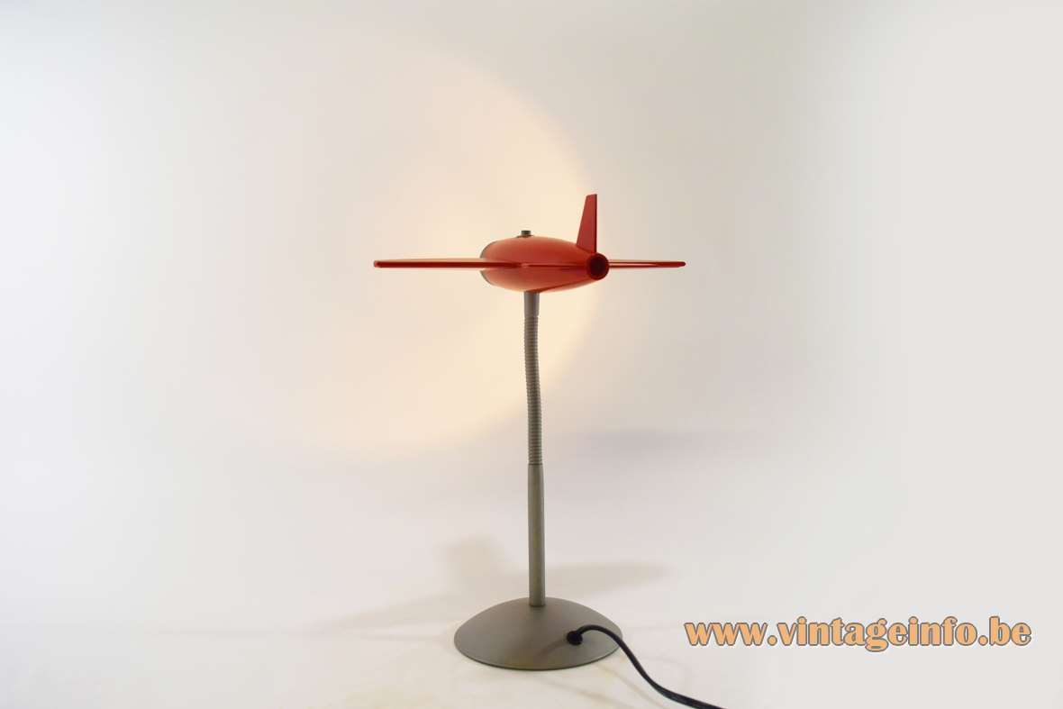 Airplane table lamp silver and red painted metal gooseneck 1990s 2000s children room kids halogen bulb 