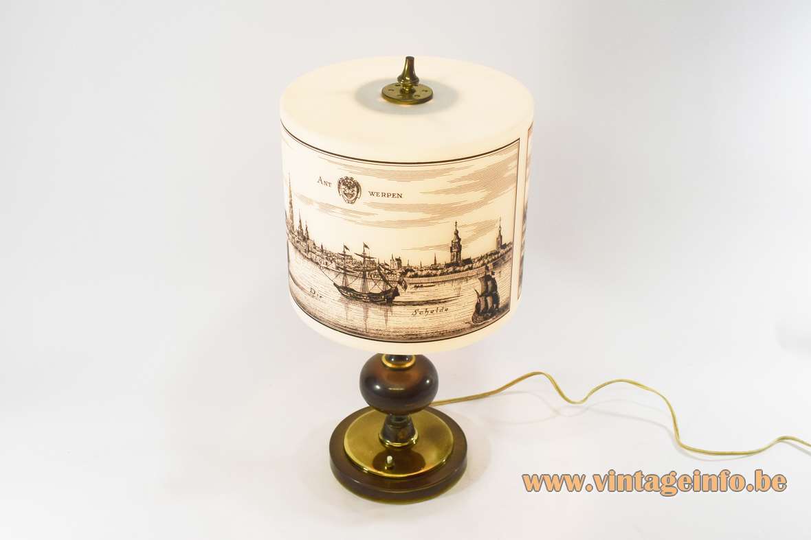 Antwerp - Ghent Belgium 1950s table lamp brass globe opal glass lampshade medieval city print 1960s Philips