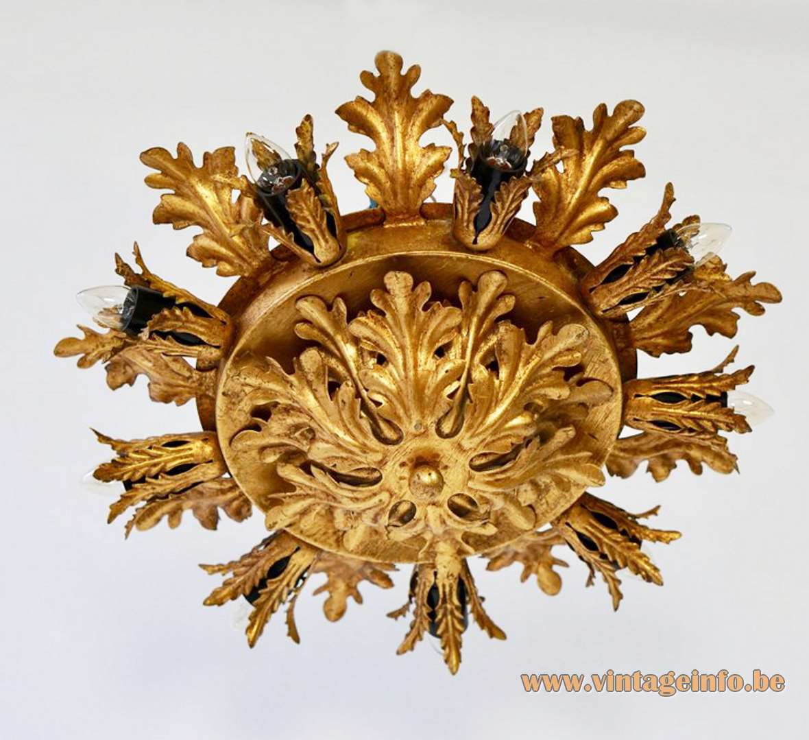 Banci Firenze sunburst flush mount round gold painted metal oak leaves & ferns 1970s 1980s Italy