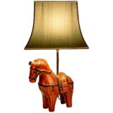 Bitossi horse table lamp design: Aldo Londi orange enamelled ceramics pagoda lampshade 1960s 1970s Firenze Italy