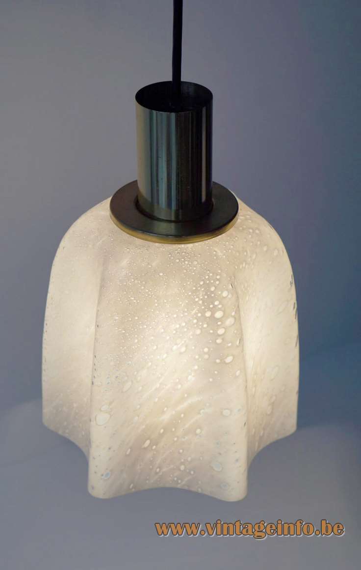 DORIA fazzoletto pendant lamp hand blown opal bubble glass handkerchief brass tube Germany 1970s E27 socket