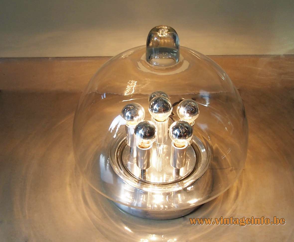 DORIA sputnik table lamp clear glass lampshade aluminium chrome base 6 light bulbs 1960s 1970s Germany