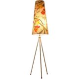 Floral tripod floor lamp big conical fabric lampshade white brass rods Aro Leuchte Germany 1950s 1960s