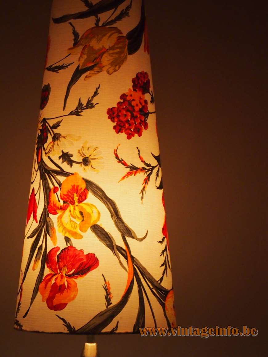 Floral tripod floor lamp big conical fabric lampshade white brass rods Aro Leuchte Germany 1950s 1960s