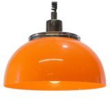 Harvey Guzzini Faro rise & fall pendant lamp chrome lid orange plastic acrylic lampshade 1970s Meblo iGuzzini