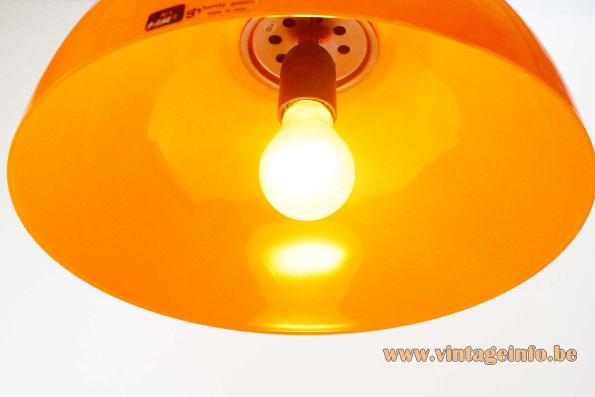 Harvey Guzzini Faro rise & fall pendant lamp chrome lid orange plastic acrylic lampshade 1970s Meblo iGuzzini 