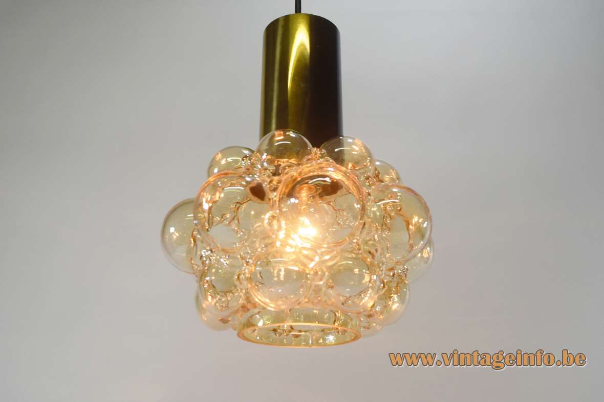 Helena Tynell bubble glass pendant lamp brass tube amber glass lampshade Glashütte Limburg 1960s 1970s design