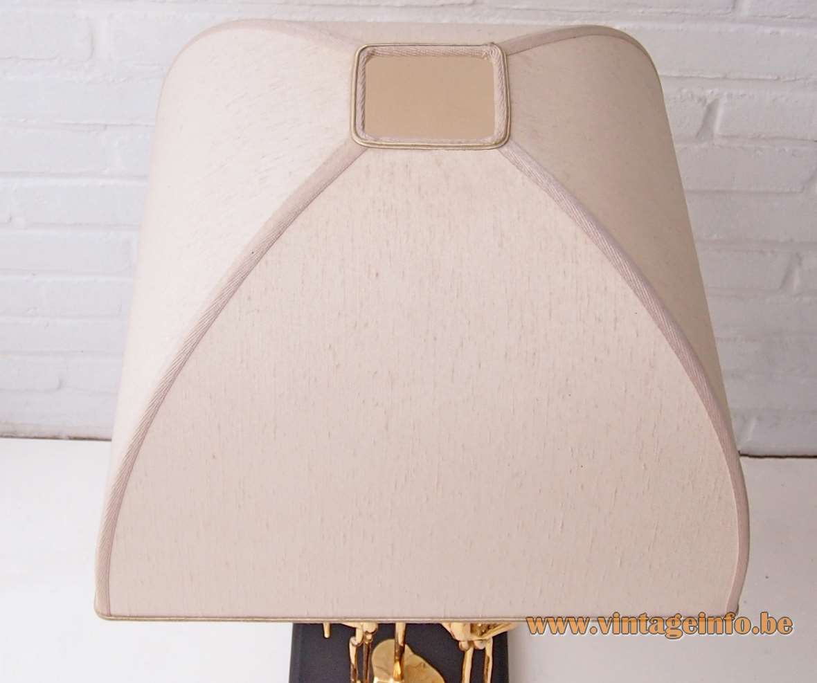 L'Originale herons table lamp design: Lanciotto Galeotti brass birds black base curved square lampshade 1970s 1980s