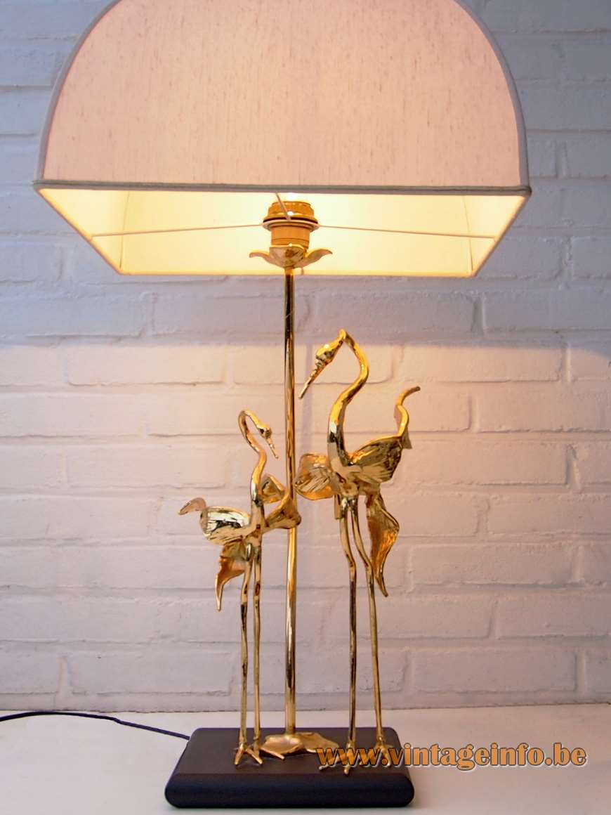 L'Originale herons table lamp design: Lanciotto Galeotti brass birds black base curved square lampshade 1970s 1980s