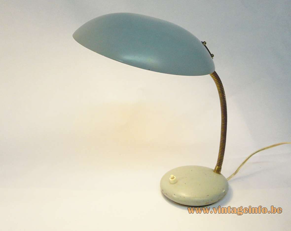 Massive 1960s desk lamp Louis Kalff Philips round base brass gooseneck blue-green mushroom lampshade 1970s 