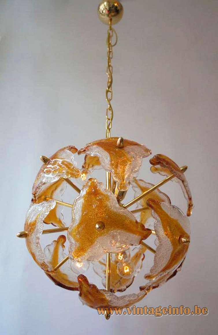 AV Mazzega Murano sputnik chandelier design: Carlo Nason triangular amber-orange glass brass rods chain 1970s 1980s