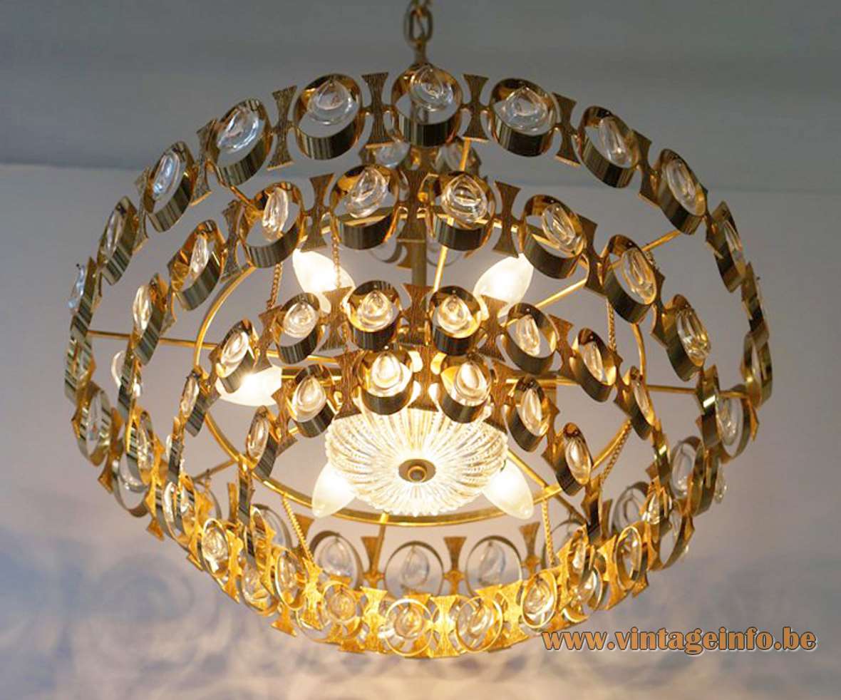 Palwa brass and glass chandelier cut beads metal gilded circles chain 1970s 1980s Hollywood Regency Germany