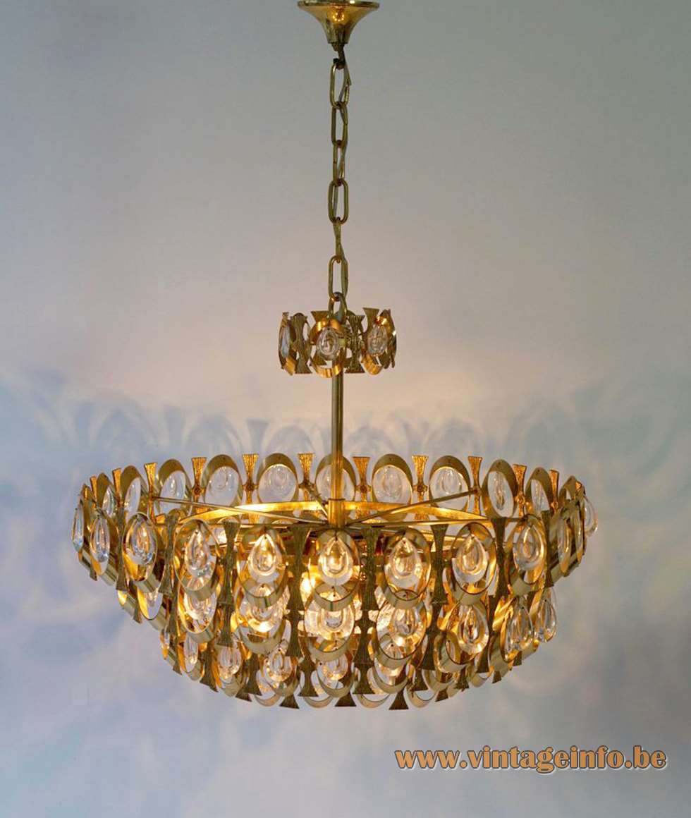 Palwa brass and glass chandelier cut beads metal gilded circles chain 1970s 1980s Hollywood Regency Germany