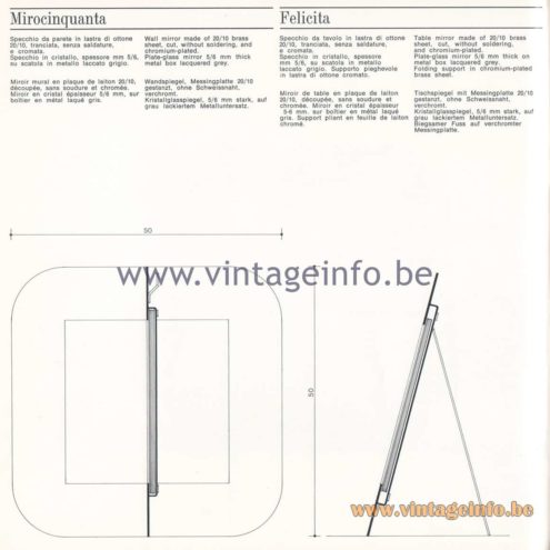Quattrifolio Design Catalogue 1973 – Mirocinquanta wall mirror  &  Felicita table mirror