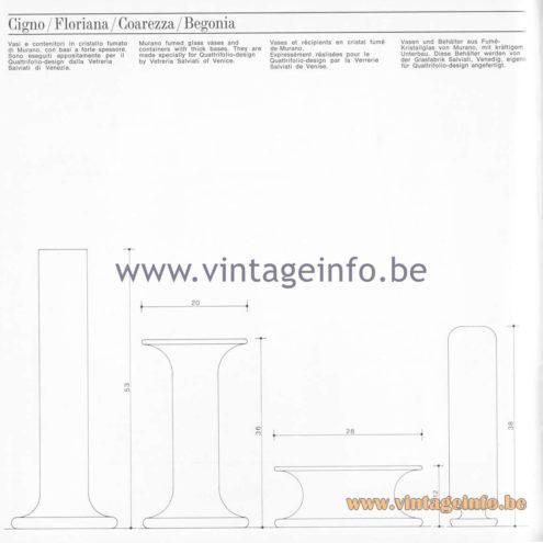 Quattrifolio Design Catalogue 1973 - Cigno / Floriana / Coarezza / Begonia Murano vases