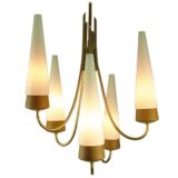 Rupert Nikoll conical chandelier 5 opal glass tubes rosewood curved brass rods Vienna Austria 1950s 1960s