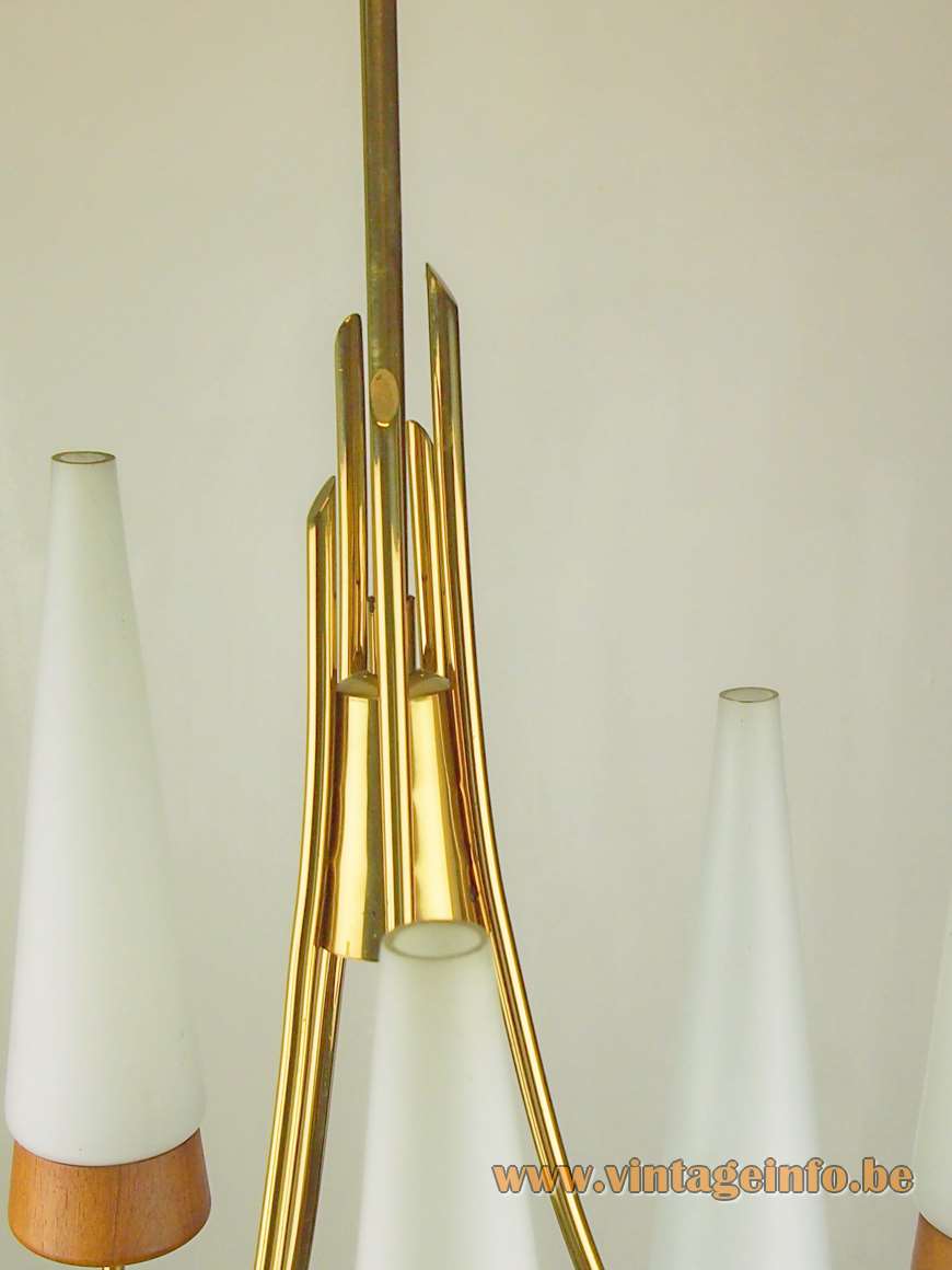 Rupert Nikoll conical chandelier 5 opal glass tubes rosewood curved brass rods Vienna Austria 1950s 1960s