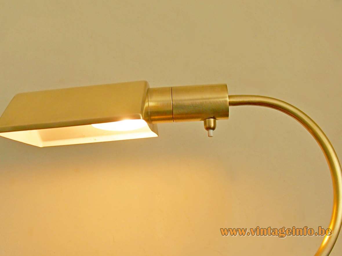 S.A. Boulanger brass desk lamp cylinder tube base curved rod triangular prism conical lampshade 1970s 1980s