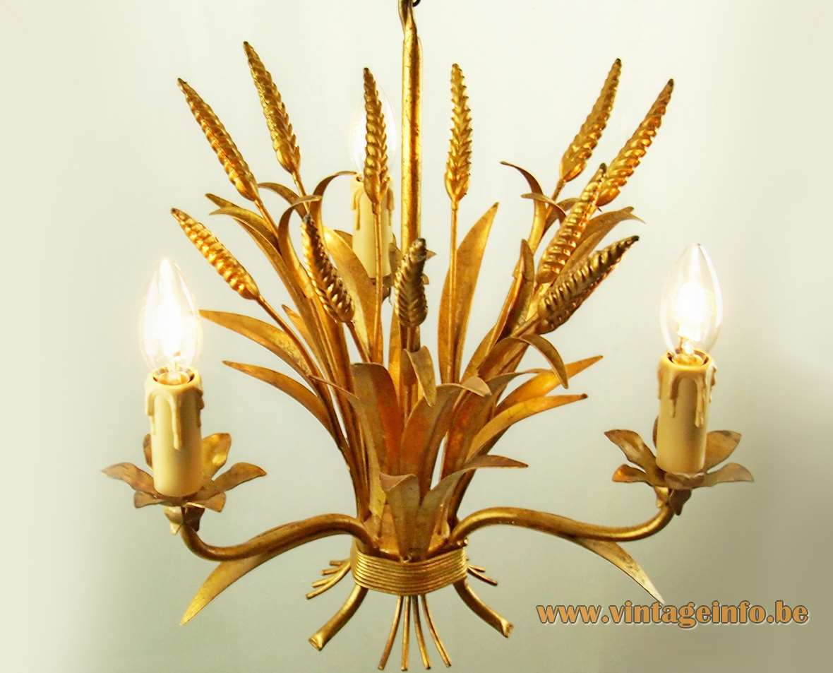 Sheaf of wheat chandelier gold painted metal corn 3 candle light bulbs chain ZiCOLi Hans Kögl