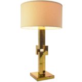 Touch-sensitive Romeo Rega brass table lamp geometric skyscraper square base & rods fabric lampshade 1970s
