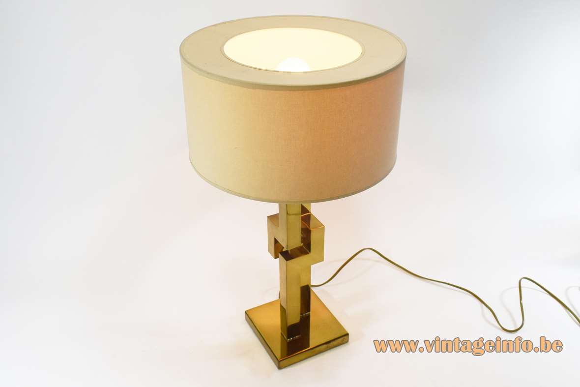 Touch-sensitive Romeo Rega brass table lamp geometric skyscraper square base & rods fabric lampshade 1970s