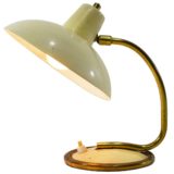 1950s brass and aluminium bedside table lamp round white vanilla base & lampshade curved rod Massive Belgium