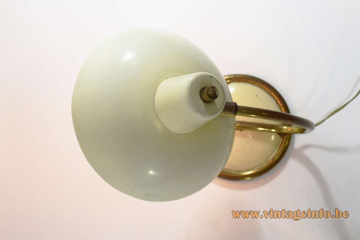 1950s brass and aluminium bedside table lamp round white vanilla base & lampshade curved rod Massive Belgium