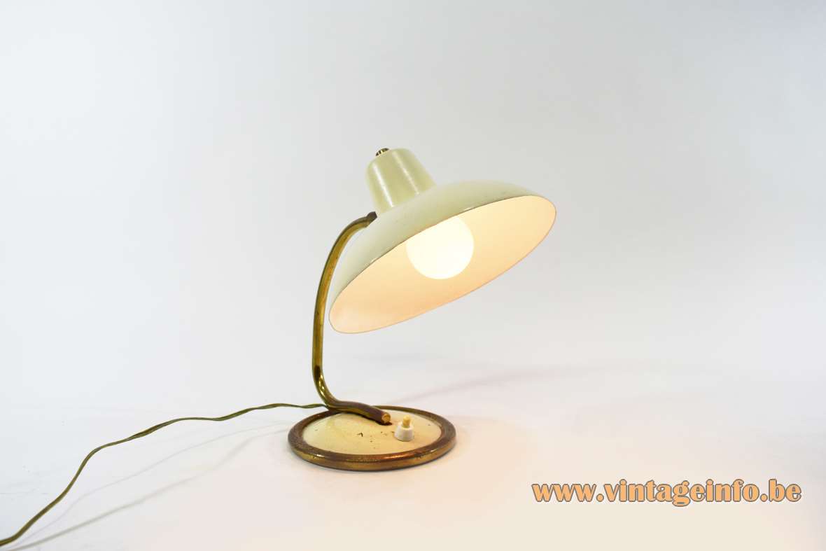 1950s brass and aluminium bedside table lamp round white vanilla base & lampshade curved rod Massive Belgium