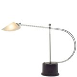 Chrome curved rods desk lamp round black base frosted glass lampshade 1980s GY halogen bulb Massive Belgium