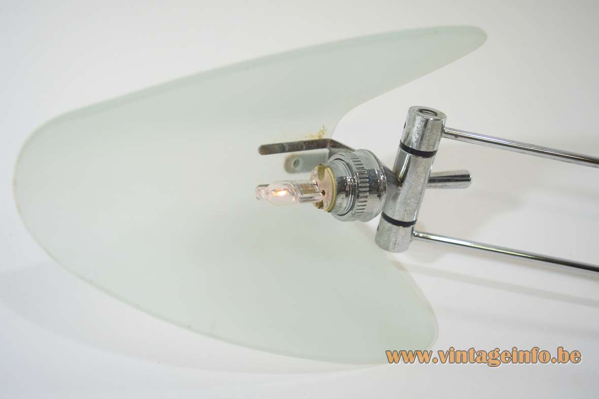 Chrome curved rods desk lamp round black base frosted glass lampshade 1980s GY halogen bulb Massive Belgium