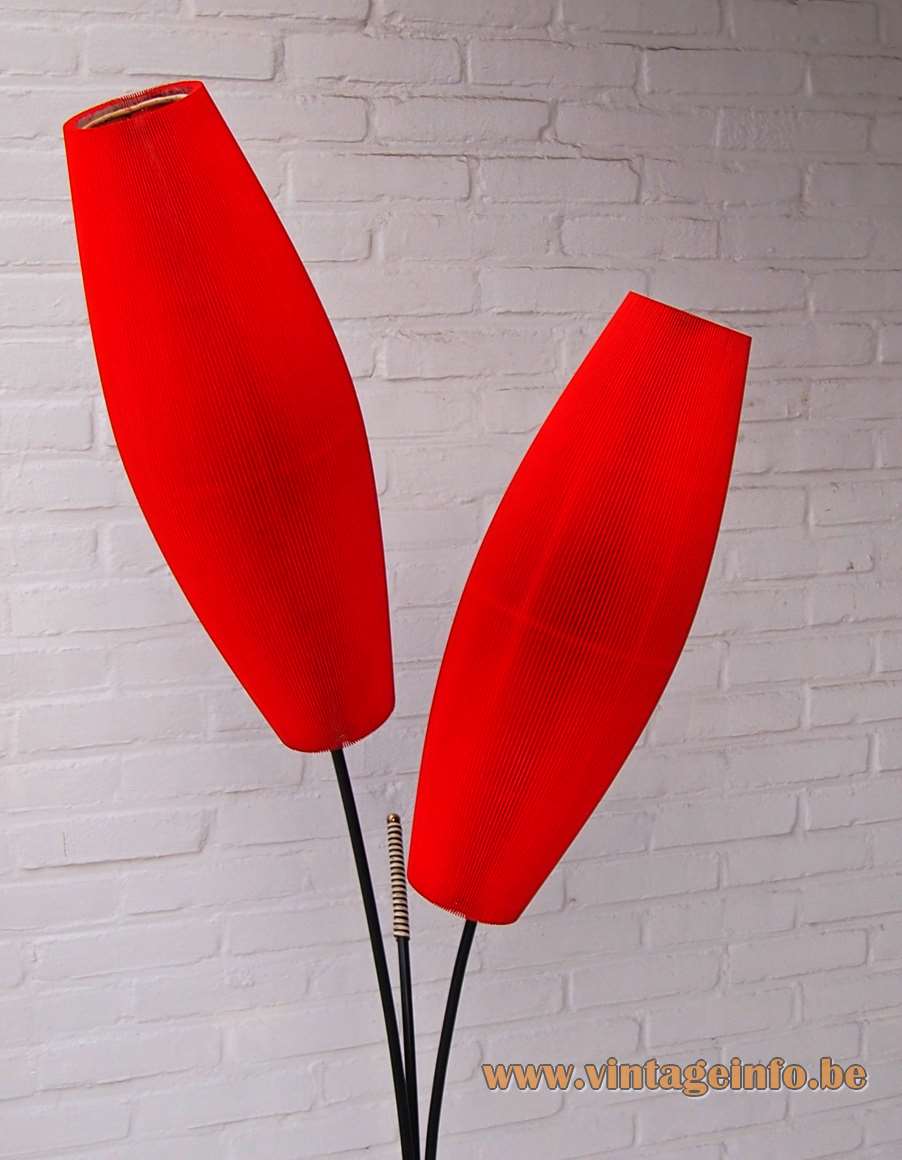 Aro Leuchte convex tubes tripod floor lamp red folded plastic lampshades curved rods 1960s 1970s Germany