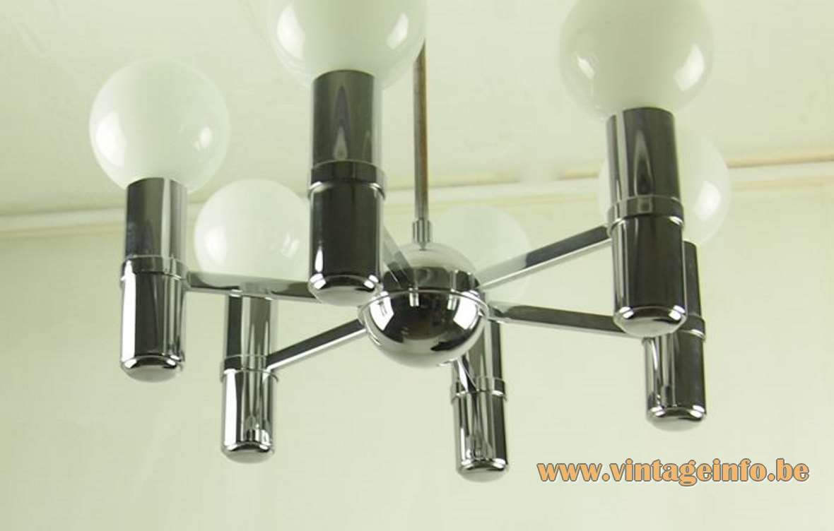  Hustadt-Leuchten chrome chandelier 6 thick tubes globe in the middle 1960s 1970s Germany E27 sockets