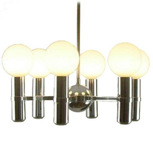 Hustadt-Leuchten chrome chandelier 6 thick tubes globe in the middle 1960s 1970s Germany E27 sockets