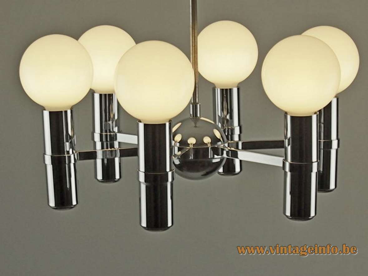  Hustadt-Leuchten chrome chandelier 6 thick tubes globe in the middle 1960s 1970s Germany E27 sockets