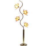 Lotus flowers floor lamp pink glass leaves brass plated iron curved rod 1980s 1990s Hong Kong
