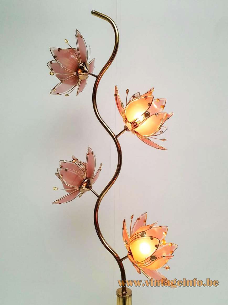 Lotus flowers floor lamp pink glass leaves brass plated iron curved rod 1980s 1990s Hong Kong  