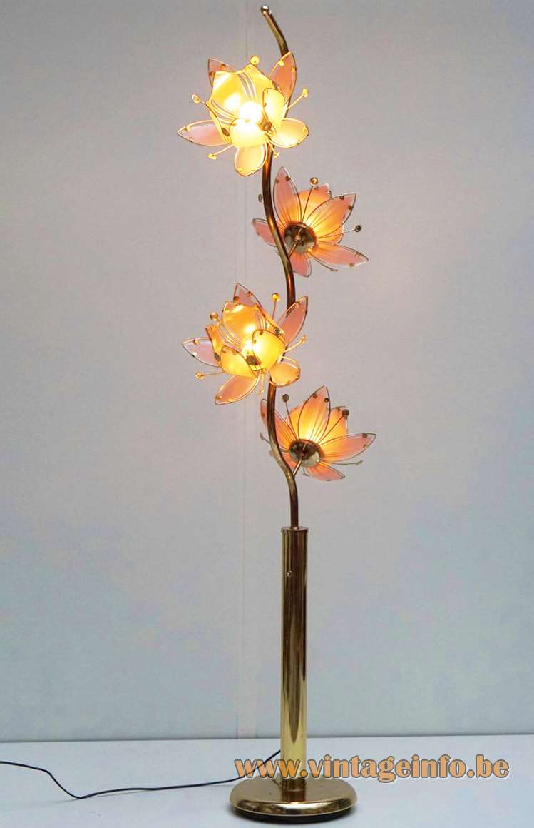 Lotus flowers floor lamp pink glass leaves brass plated iron curved rod 1980s 1990s Hong Kong  