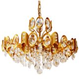 Palwa crystal glass and brass chandelier cut beads metal gilded circles chain 1970s 1980s Hollywood Regency Germany