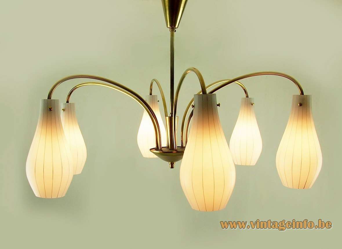 Rupert Nikoll 1950s chandelier pumpkin style striped glass lampshades curved brass rods 1960s Austria E14 sockets