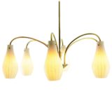 Rupert Nikoll 1950s chandelier pumpkin style striped glass lampshades curved brass rods 1960s Austria E14 sockets