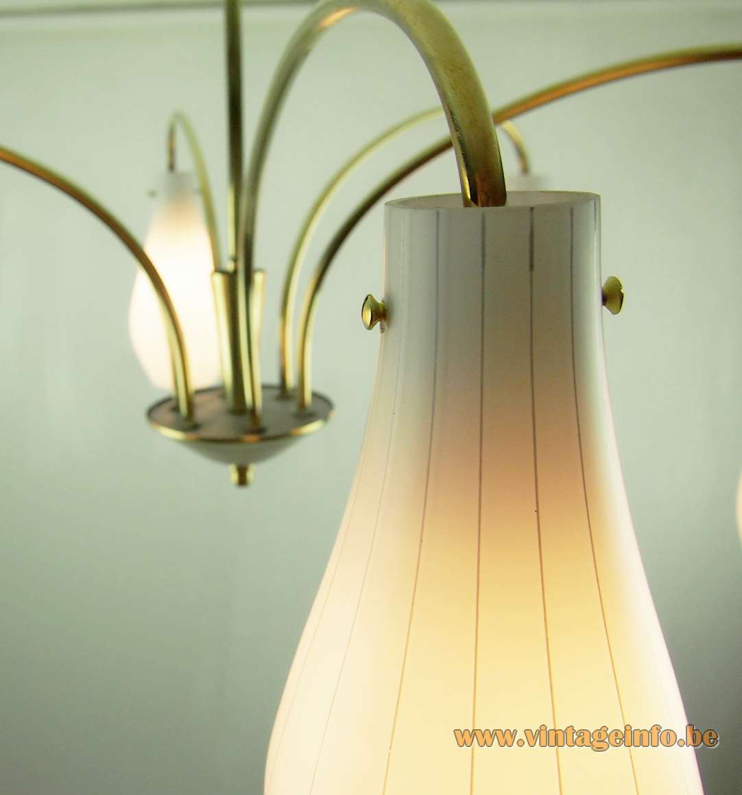 Rupert Nikoll 1950s chandelier pumpkin style striped glass lampshades curved brass rods 1960s Austria E14 sockets