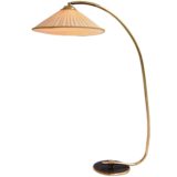 Rupert Nikoll 1950s floor lamp round black base brass curved rod conical fabric lampshade 1960s Austria